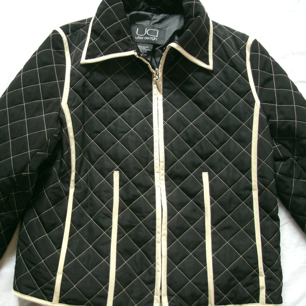Utex Design Womens Jacket Quilted Black Tan Coat Zipper Polyester Nylon Medium